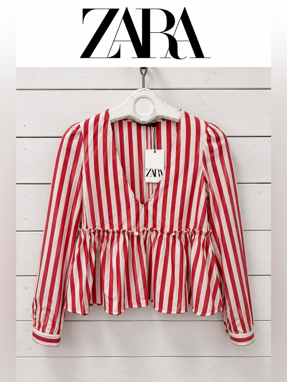 ZARA Striped Peplum Blouse – Red & Cream – Size XS